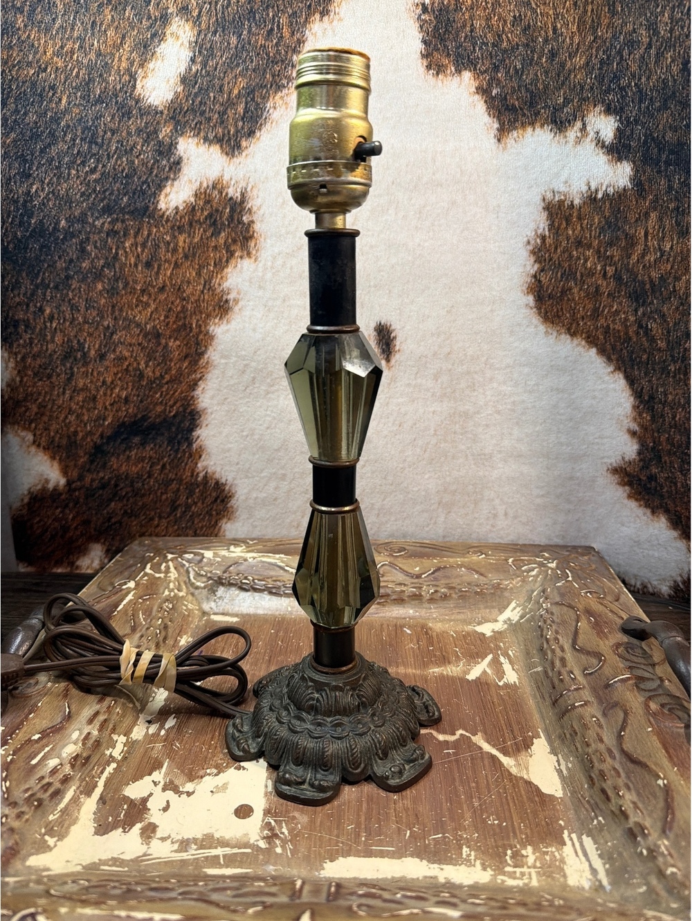 Vintage Table Lamp with Ornate Metal Base and Faceted Glass Accents